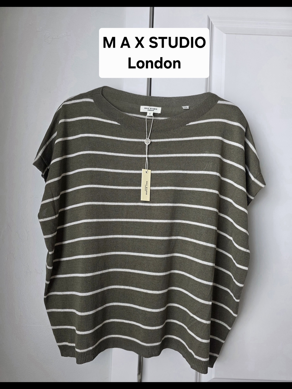 Max Studio London Olive & Cream Striped Short-Sleeve Knit Top